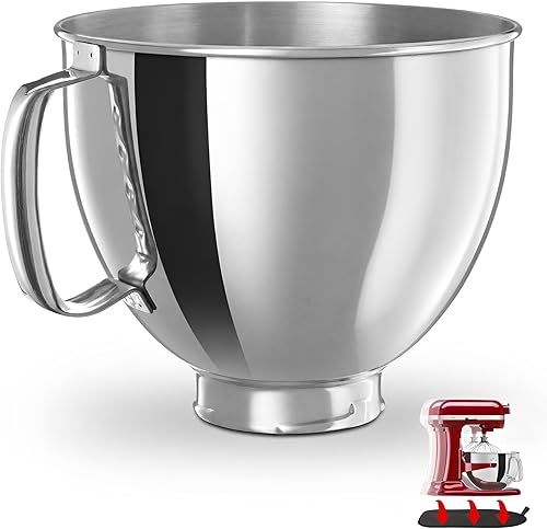 5 Quart Stainless Steel Mixer Bowl Compatible with 4.5-Quart & 5 Quart KITCHENAID TILT-HEAD STAND MIXERS,【Durable Dual-sided Sliding Mat Included】