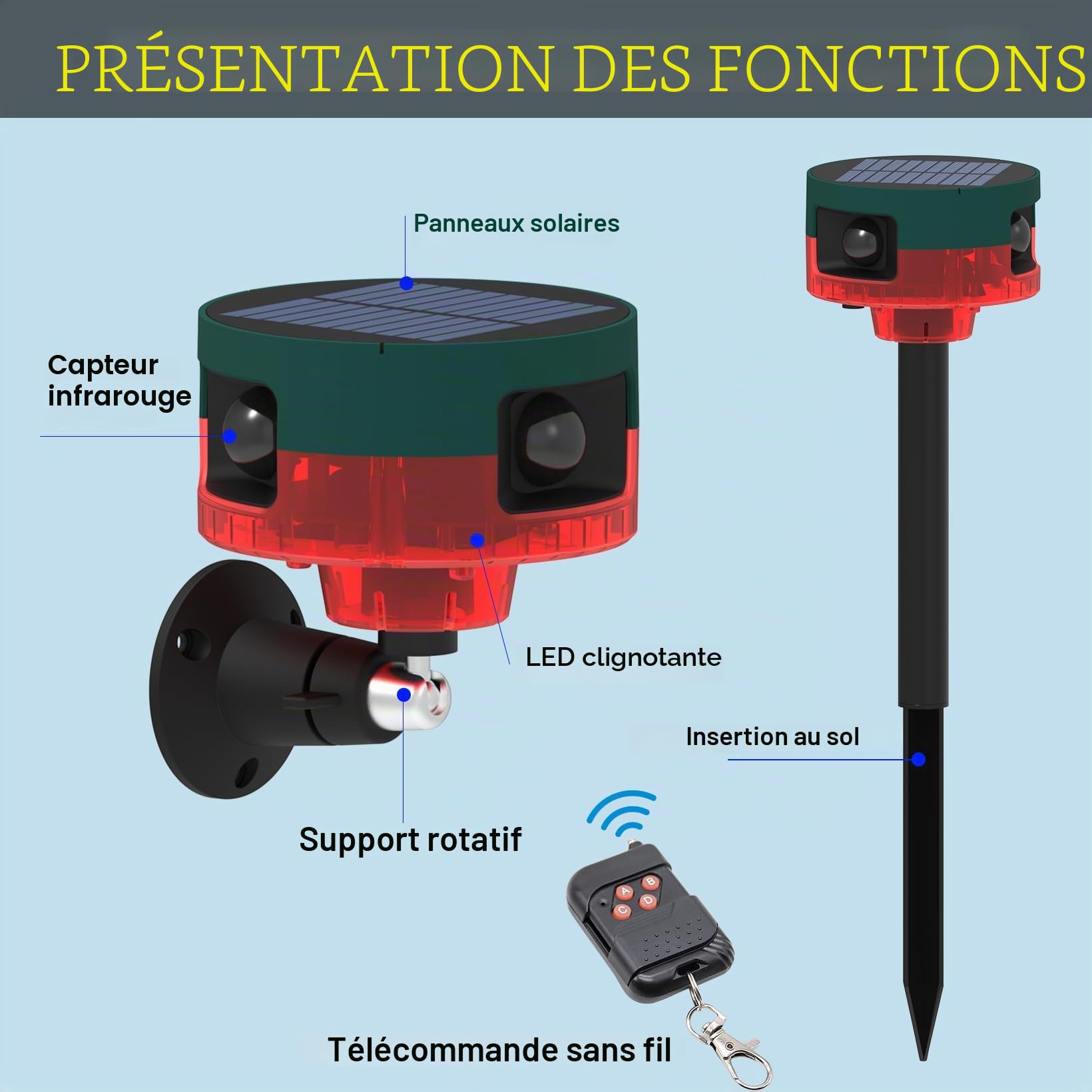 Alarme Solaire d'extérieur avec détecteur de Mouvement à 360° 129 DB Loud Siren, contrôle à Distance, Protection de Porche & Appareil de sécurité de Camping pour Les Zones extérieures