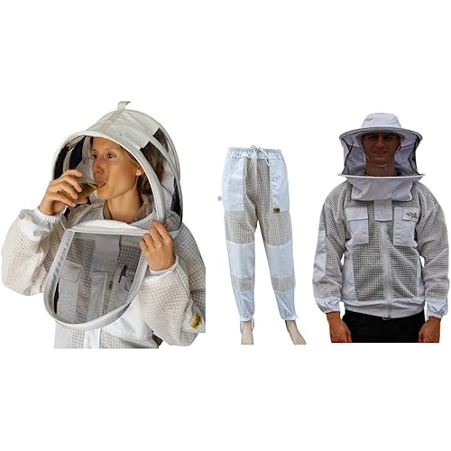 OZ ARMOUR Beekeeping Suit Jacket & Trousers Pants with 2 Veils Fencing & Round Brim Hat Ventilated 3 Layer Mesh Costume (Medium)