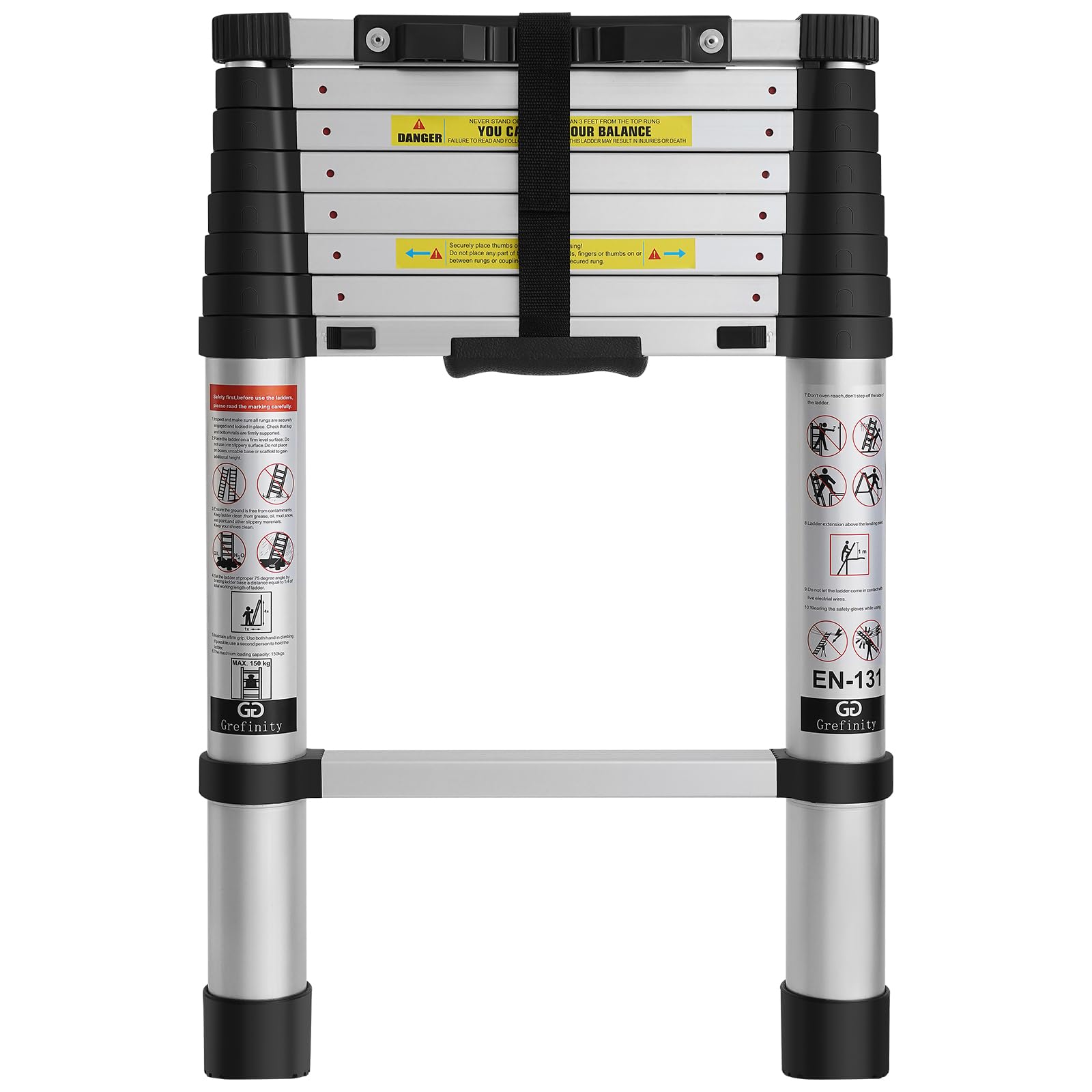 8.5 ft aluminum telescoping ladder, one button retraction extension ladder, 375 lbs load capacity with non-slip wide feet, compact portable for indoor outdoor use, rv, attic and roof use