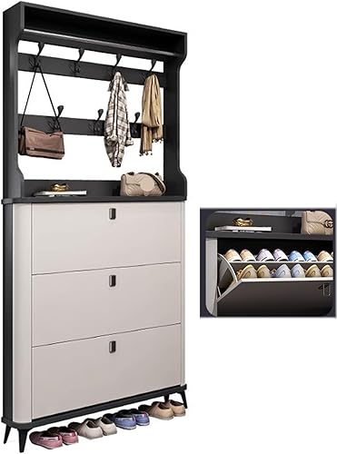 Zapatero estrecho con 3 puertas abatibles y estante ajustable, zapatero moderno para entrada, pasillo, dormitorio (color blanco, tamaño 27.6 x 9.4 x