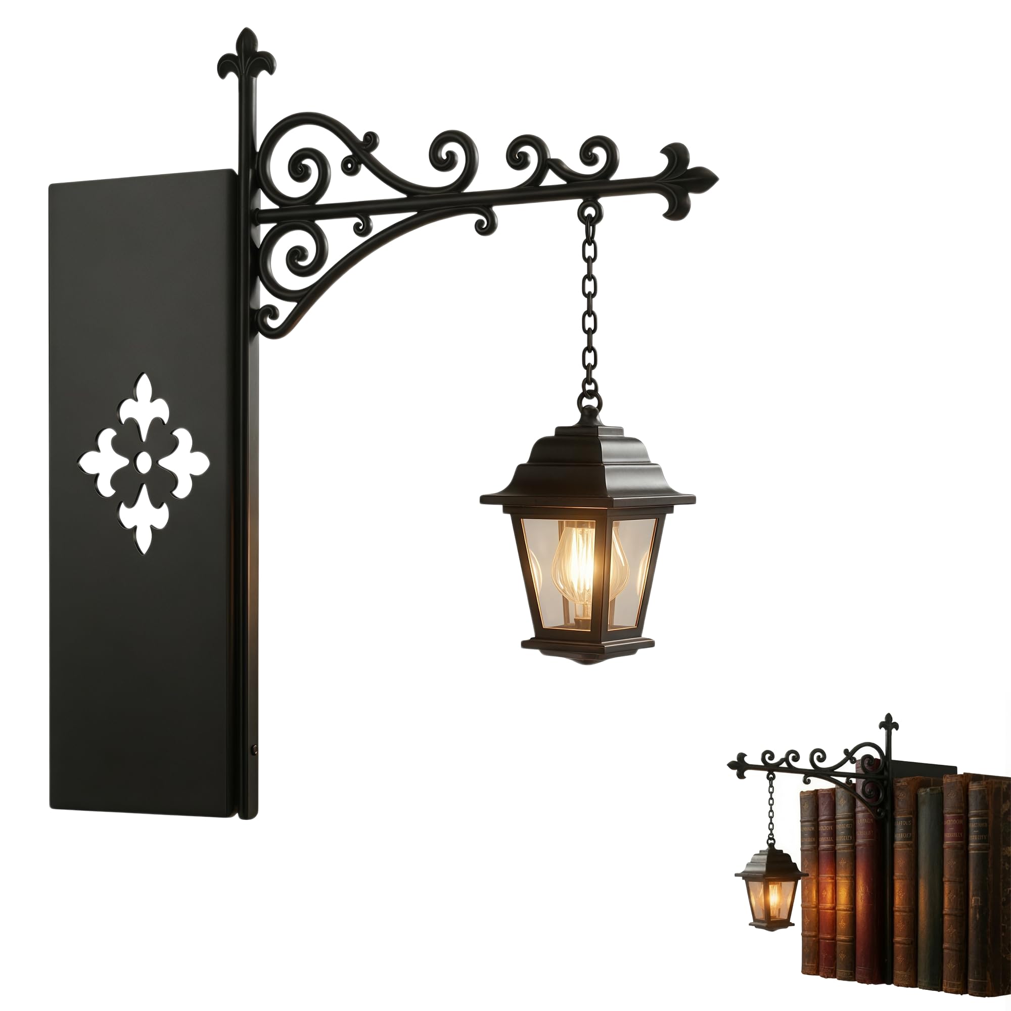 Library Lantern Bookshelf Lamp, Hanging Lantern Bookshelf Lamp with Bookend-Style Base, Battery Operated Bookshelf Light, Decorative Book Shelf Lamp for Library Shelf, Study & Reading Nook
