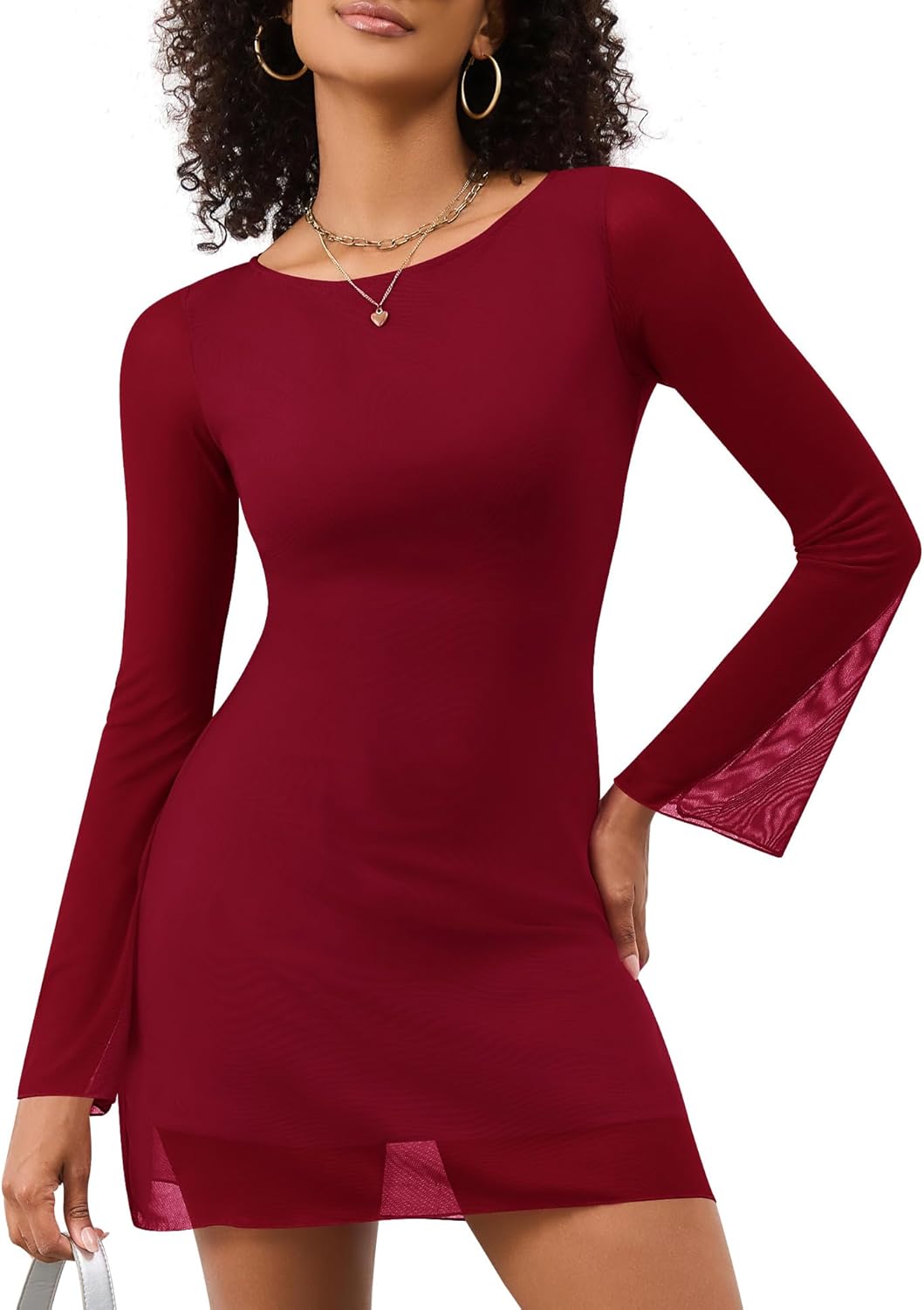 LOMON Womens Dresses Sexy Mesh Bell Sleeve Boat Neck Date Night Y2k Going Out Bodycon Mini Short Dress XS-XL