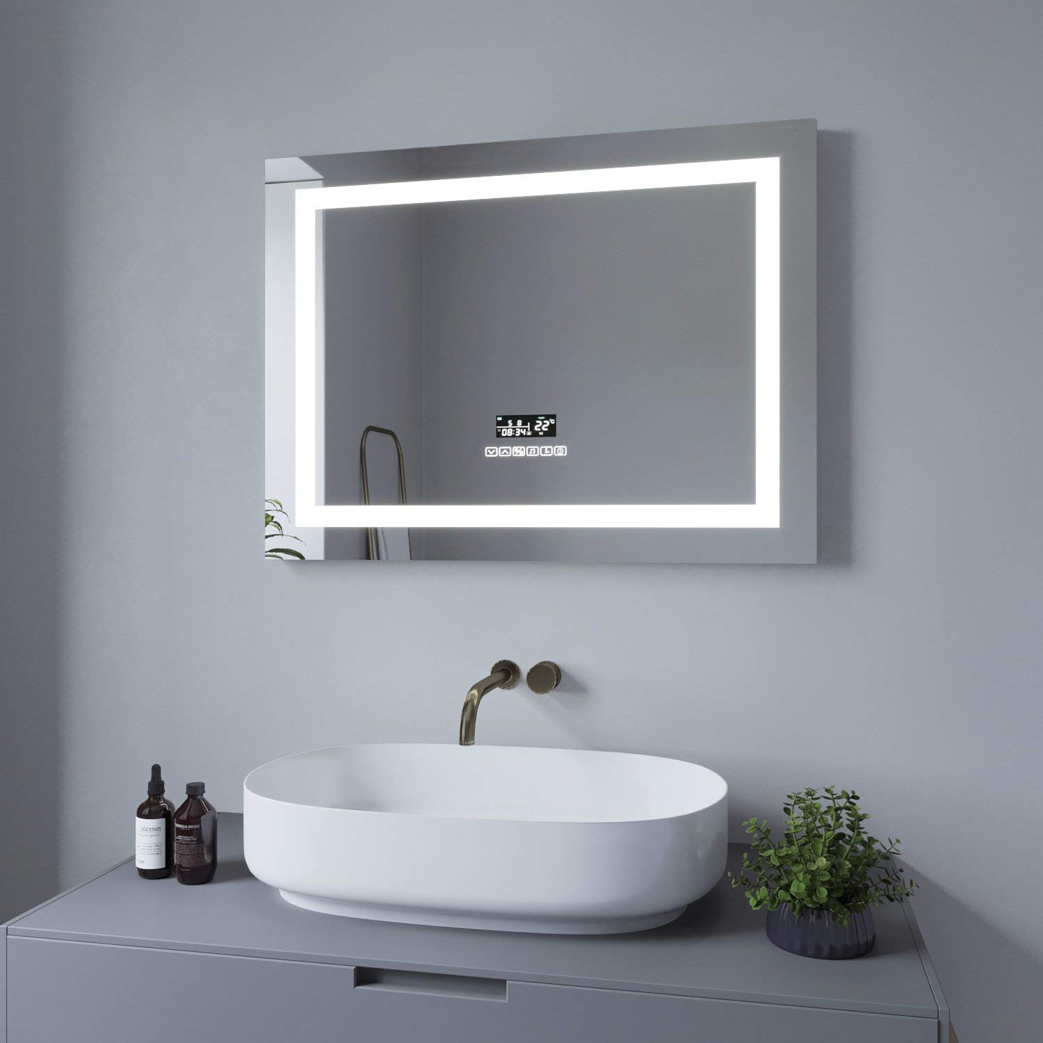 AQUABATOS Brussels - Espejo de baño con iluminación, 80 x 60 cm, Reloj Bluetooth, Altavoz táctil, Interruptor táctil, Regulable, Blanco frío, Blanco Neutro, Blanco cálido, Ajustable, antivaho