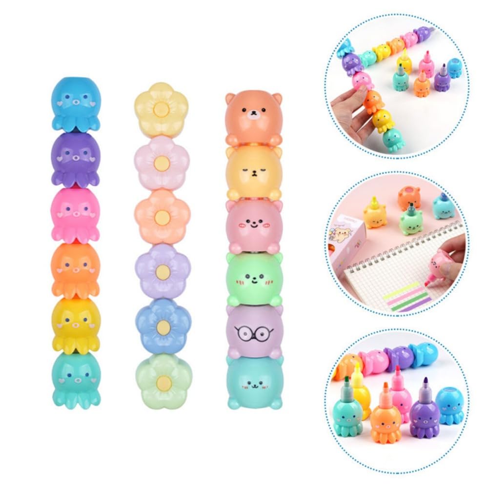 3 Sets Cartoon-Textmarker, Oktopus, Blume, Bär, stapelbar, Marker, Stifte, 5 Farben, Keilspitze, Textmarker, Lesezeichen