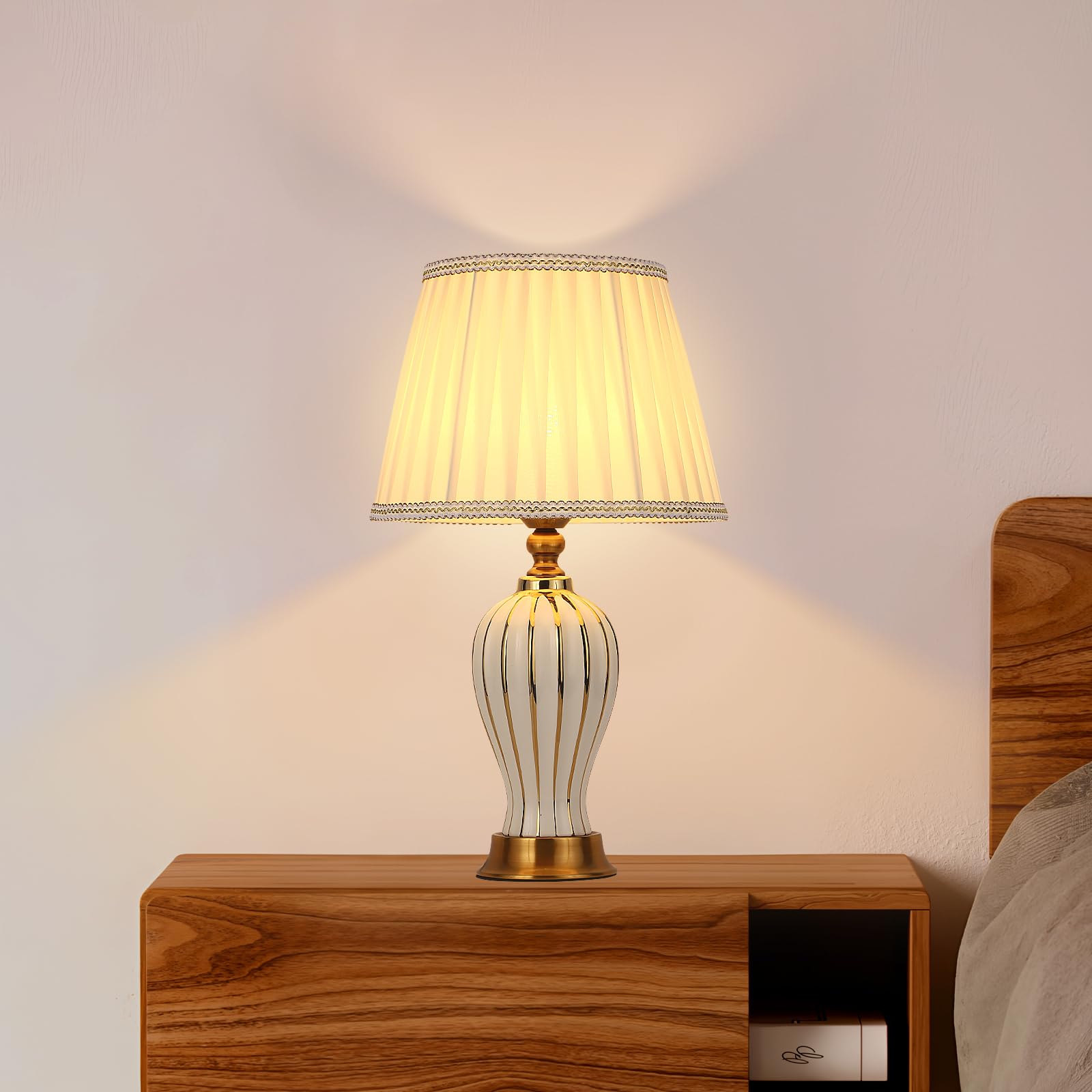 LáMpara De Mesa Moderna E27 LáMpara Nocturna De CeráMica Retro LáMpara De Mesa De Tela Blanca IluminacióN Decorativa De La Sala De Estar Dormitorio Estudio Lectura LáMpara De Cabecera (Blanca)