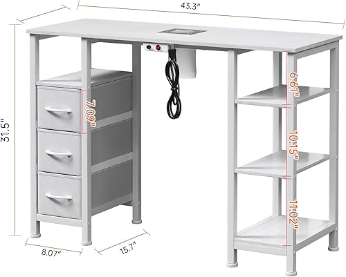Miniatura 2 de Escritorio de uñas para tecnología de uñas con colector de polvo eléctrico, mesa de manicura con 3 cajones de almacenamiento y 3 estantes abiertos