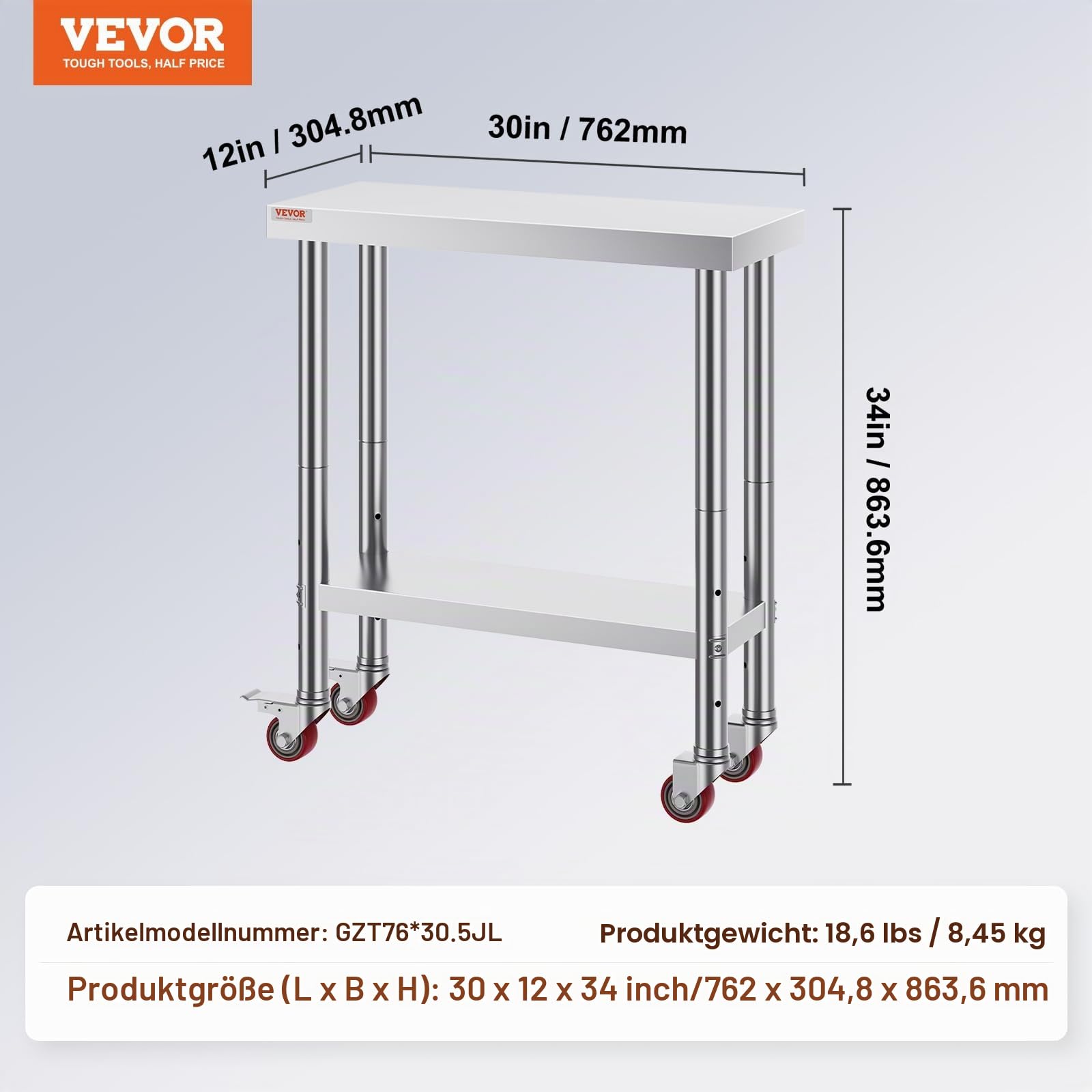 VEVOR Arbeitstisch aus Edelstahl für gewerbliche Küche, Silber, 762 x 305 mm