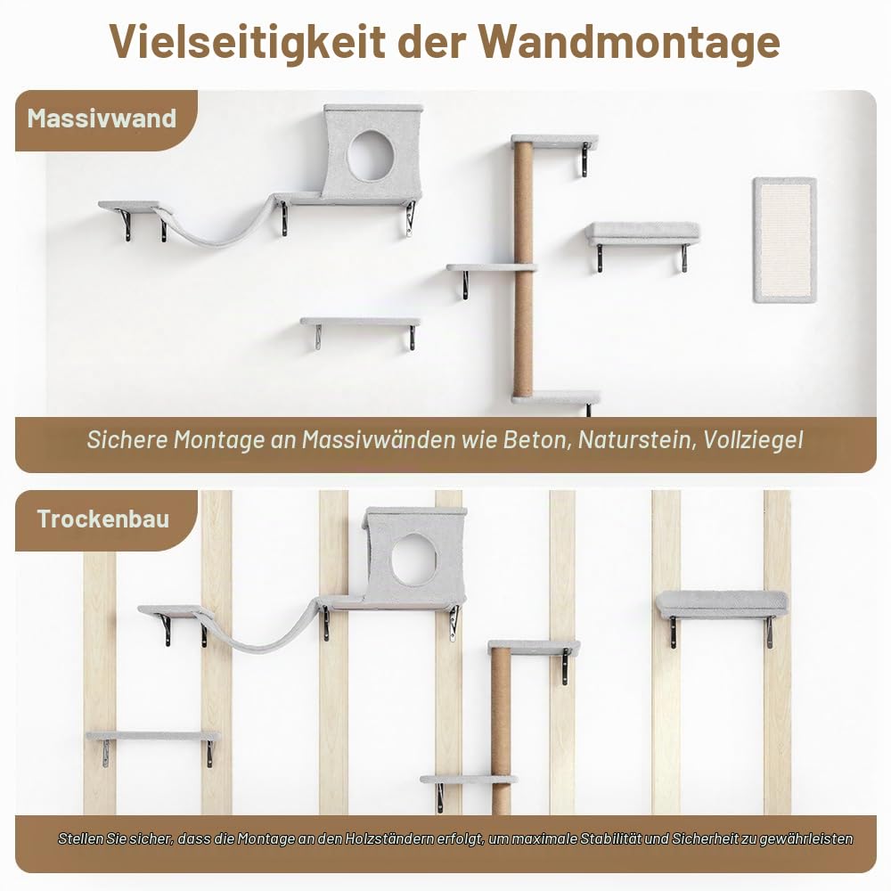 PawGiant 5-in-1 Kletterwand Katzen Set, Stabiles Holz Katzen Wandelemente mit Kratzbaum Wand, Kratzbrett, Katzenhöhle, Hängebrücke und Ruhe, bis 18 kg, Hellgrau