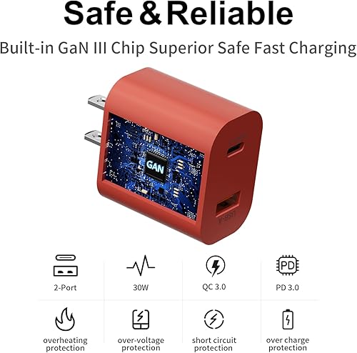 Miniatura 2 de Cargador USB C GaN de 30 W para iPhone, adaptador de corriente de bloque de carga rápida de doble puerto con cable USB-A a Lightning de 5 pies