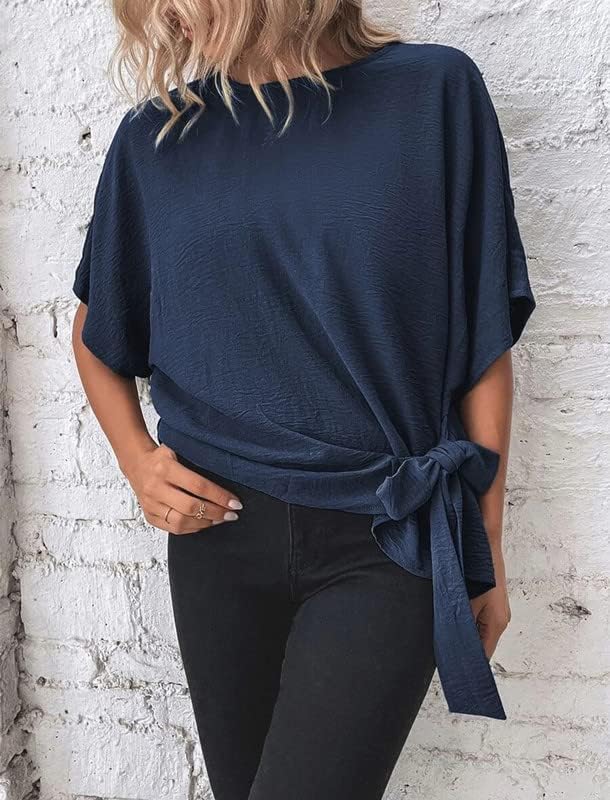 CORIRESHA Women's Batwing Sleeve Knot Side Tie Round Neck Loose Blouse Shirt Top - Image 2