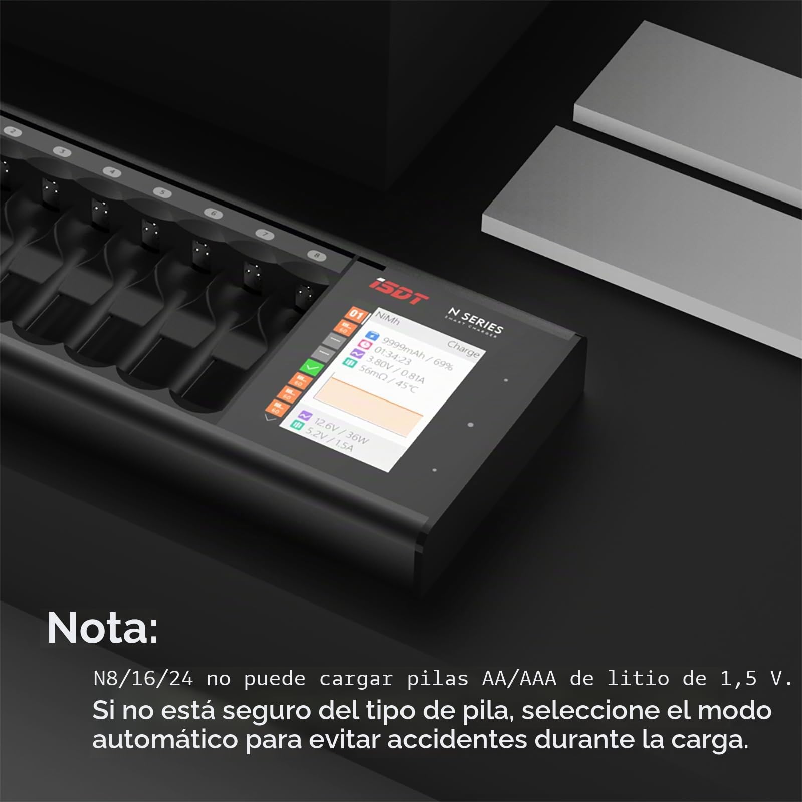 ISDT Cargador de batería rápido N8 de 8 bahías AA AAA con analizador de descarga LCD para baterías recargables Nimh Nizn Nicd, probador de cargador de batería Smart Mini Z, cargador de batería USB-C