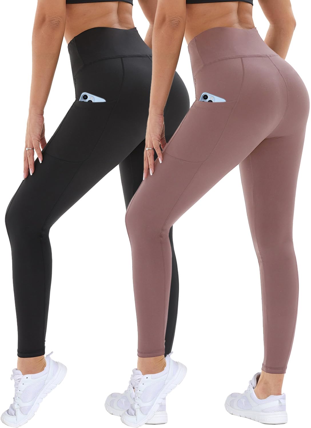 DDOBB 2er Pack Sport Leggings Damen High Waist Sportleggins Damen Lang Mit Taschen Gym Leggins Blickdicht Schwarz Sporthose Elastische Bauchweg Yogahose Fitness Laufhose