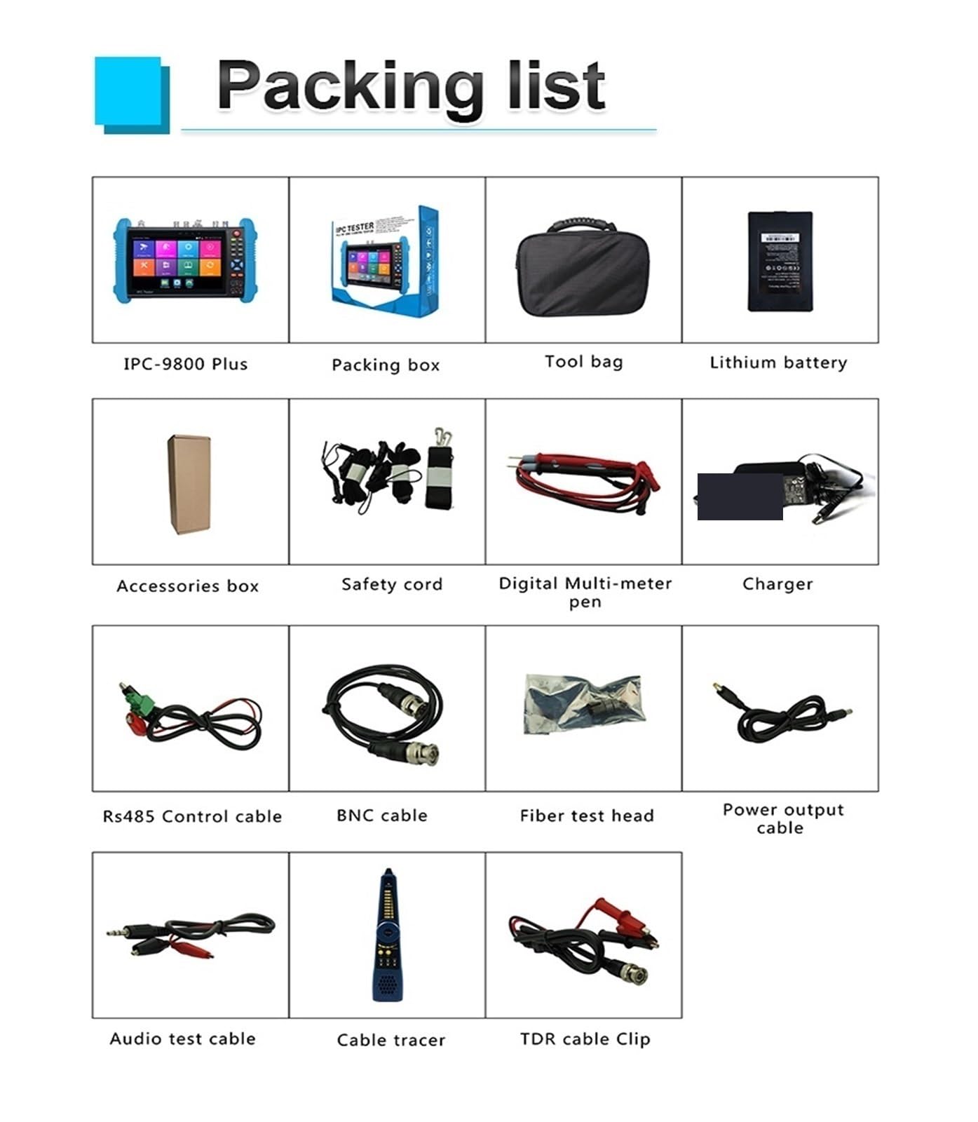Tester kamer CCTV, IPC 9800Plus Tester telewizji przemysłowej obsługuje kamerę CCTV IP AHD CVI TVI testowanie kamery 7-calowy ekran VGA(9800CMADHS Plus)