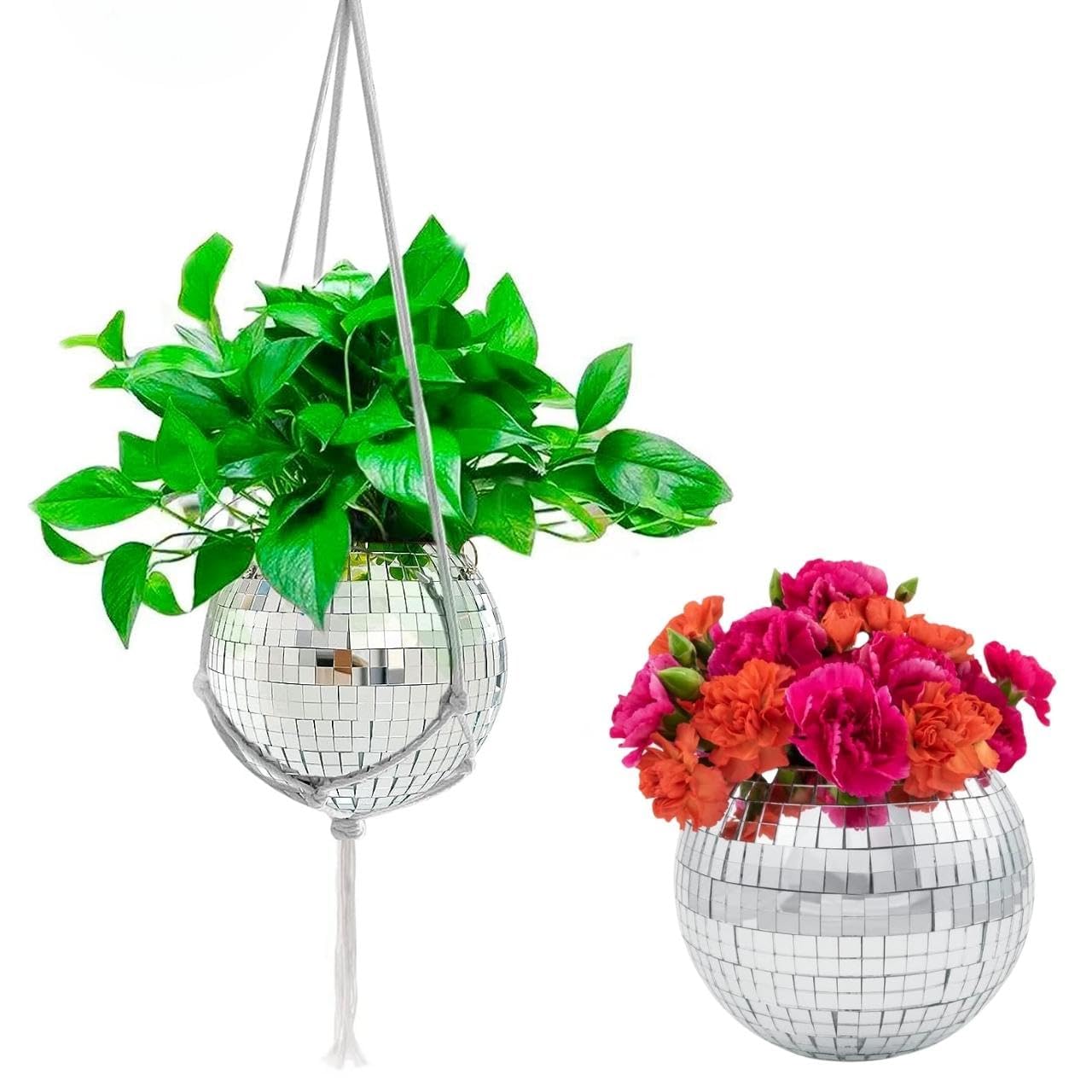 ecofynd Hanging Christmas Disco Ball Glass Planter 6" with Flat Base - White Cotton Macrame Plant Hanger- Indoor/Outdoor Plants, Xmas Home Décor & Room Décor with Rope (B0CGNQ68LY) Amazon Price History, Amazon Price Tracker