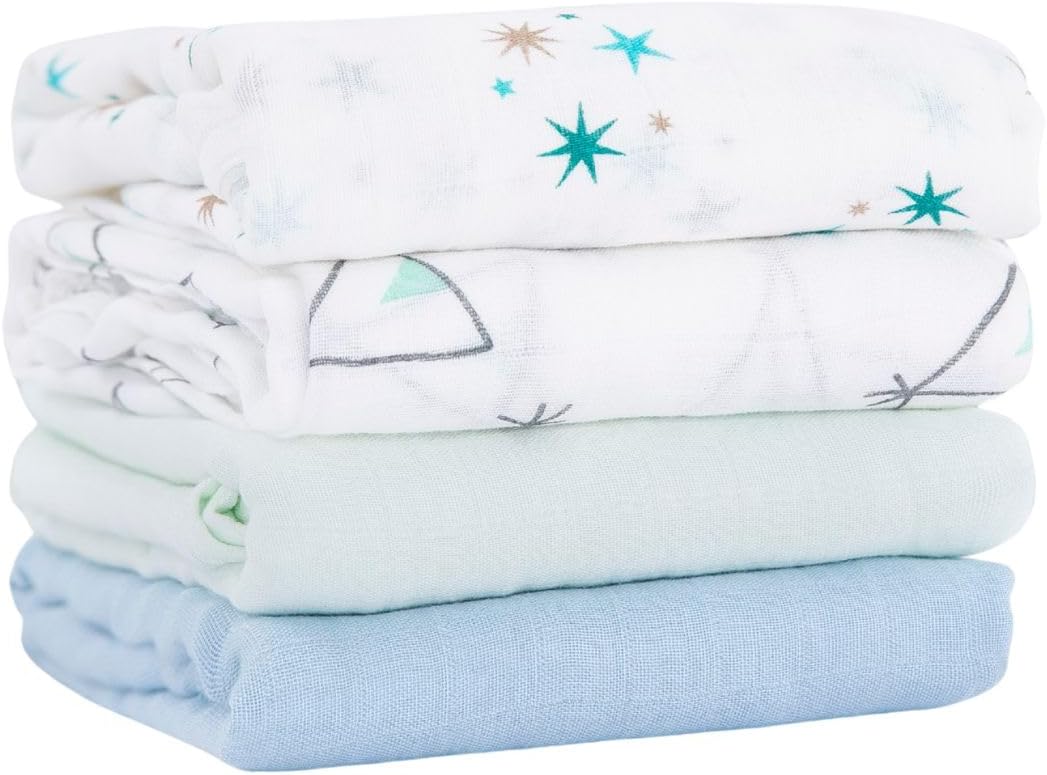 Muslin Swaddle Blankets for Baby Boys and Girls, 4-Pack Breathable and Skin-Friendly Receiving Blanket Wrap, Baby Essentials, Registry & Gift, 47 x 47 inches (Blue Sky)