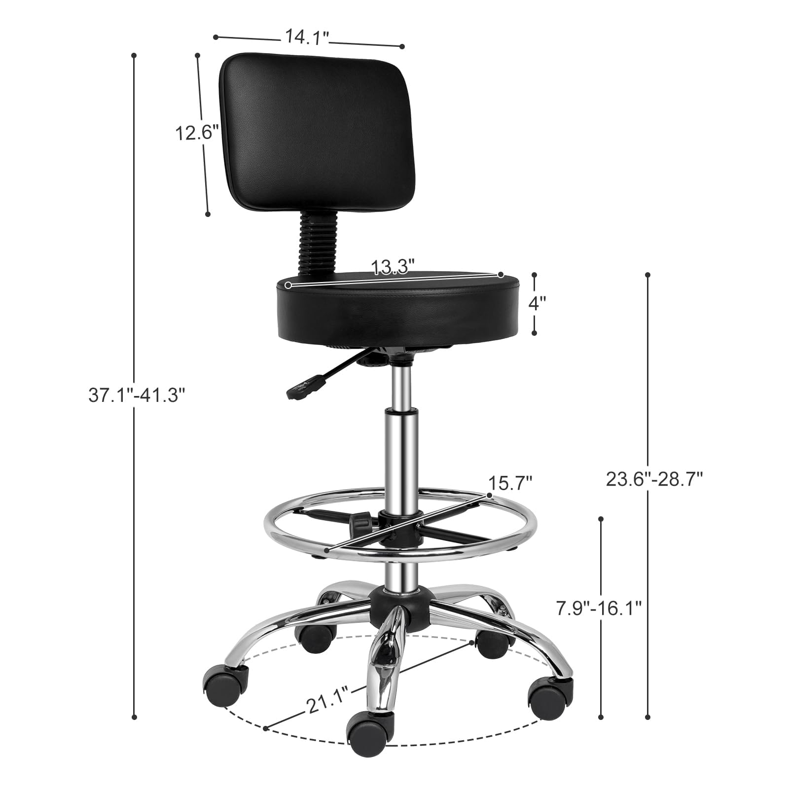 Bonnlo Taburete con Ruedas Ajustable en Altura 60-72cm con Respaldo Desmontable, Taburete de Trabajo Giratorio 360°, Soporta hasta 136 kg. Taburete de Oficina para Oficina/Salón/Bar, Color Negro