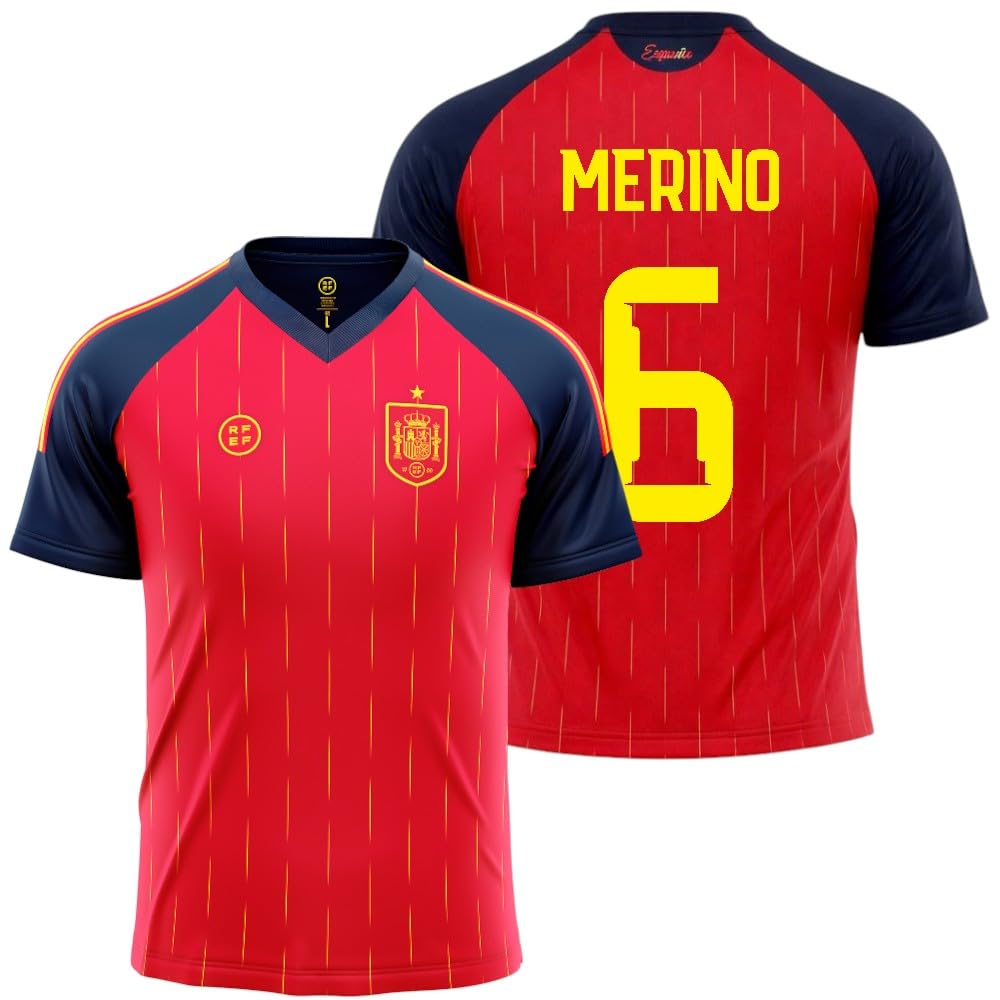 Camiseta seleccion española Mundial 2026-2028 | Réplica Oficial Merino 6 | Diseño Rojo clásico | Tejido técnico Transpirable | Corte Unisex | Apta para Fans y coleccionistas