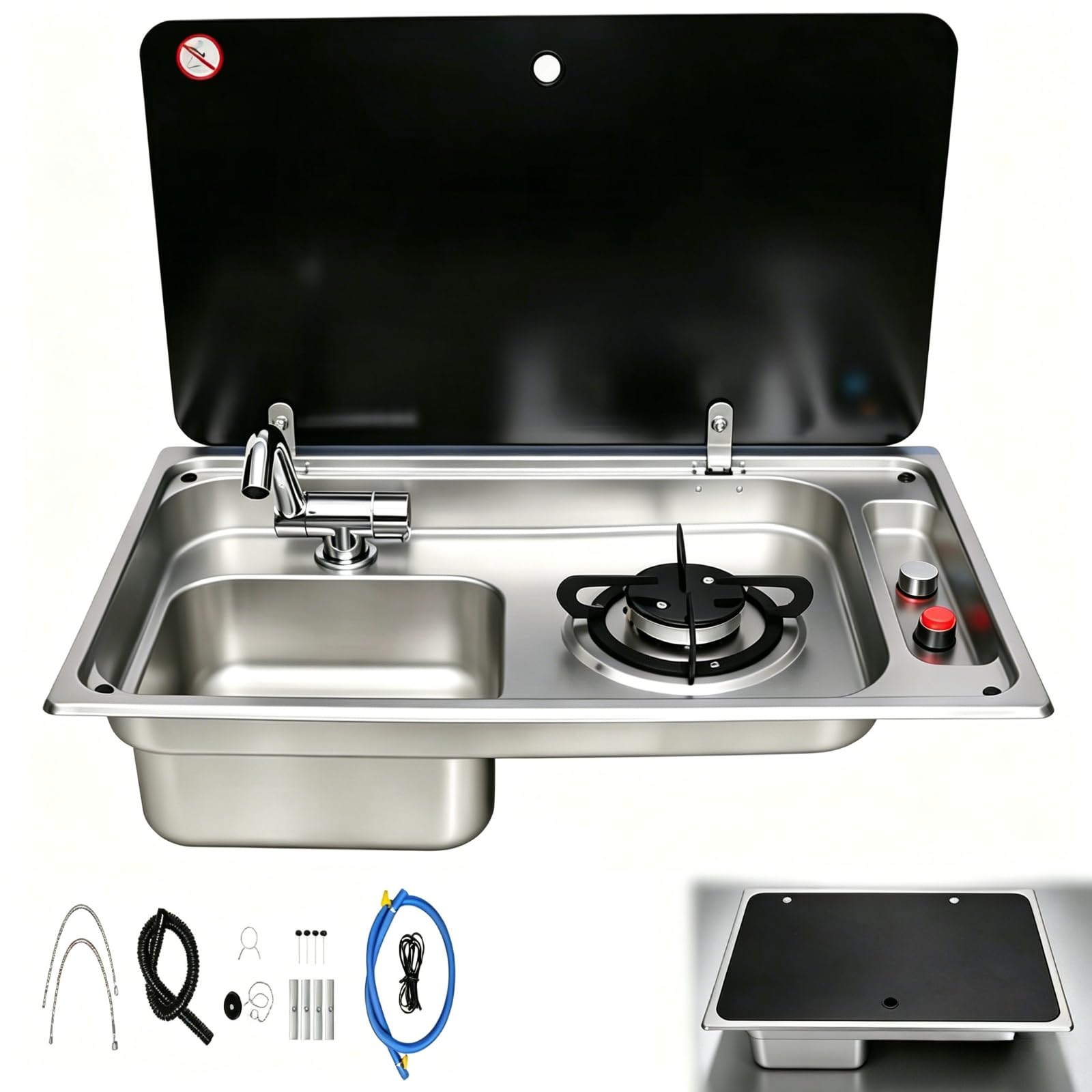Lavabo 2 en 1 para caravana y compartimento de preparación con tapa de vidrio, inserto de acero inoxidable con boquilla plegable para caravana, furgoneta, remolque de viaje (negro/plateado)