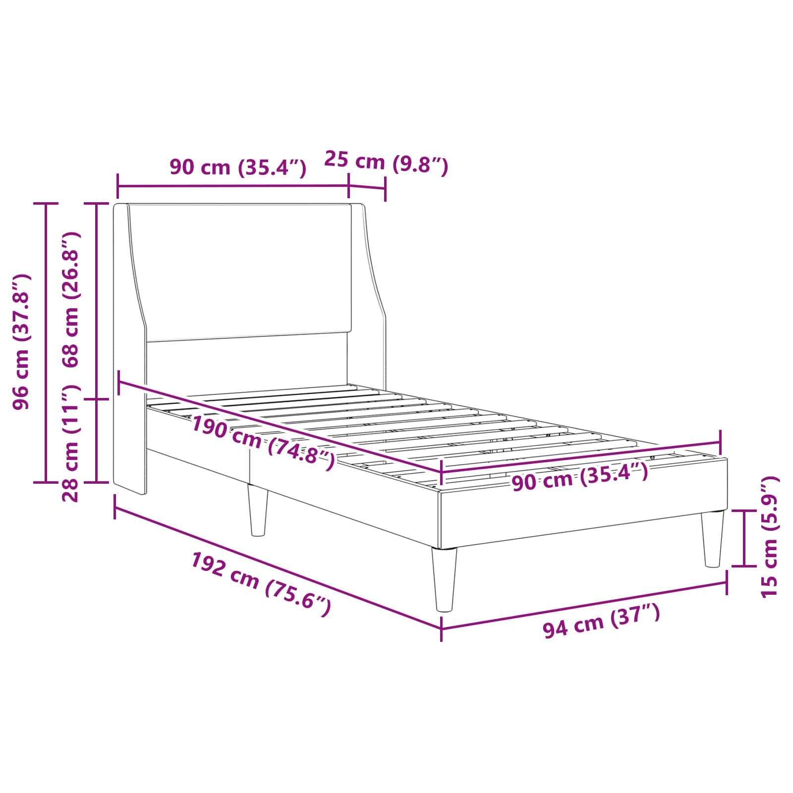 Marco de cama con cabecera, 90 x 190 cm, aterciopelado, cama de plataforma con soporte de láminas sin colchón, fácil montaje para dormitorio, adultos