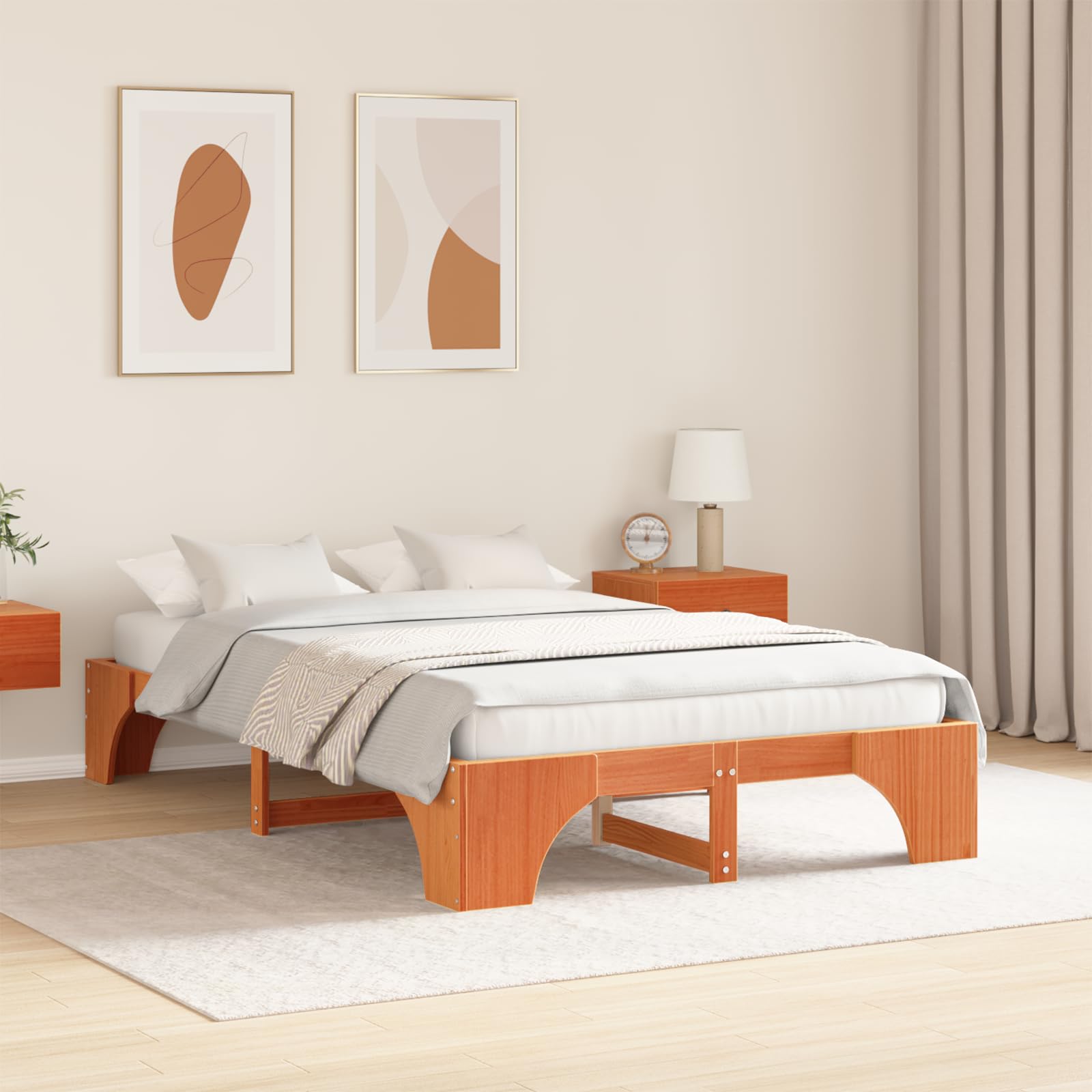 Cama de madera de color marrón cera, madera maciza de 140 x 190 cm, marco de cama de pino duradero, muebles de dormitorio estables