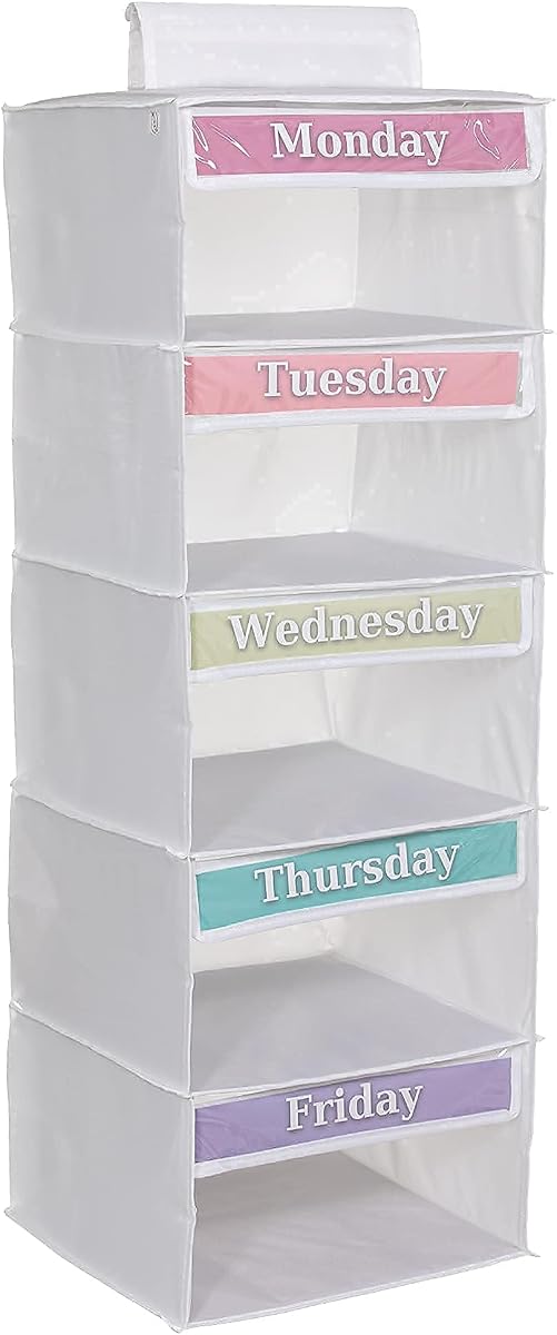Three Sweet Peas Co Monday through Friday Hanging Weekly Clothes Organizer for Kids