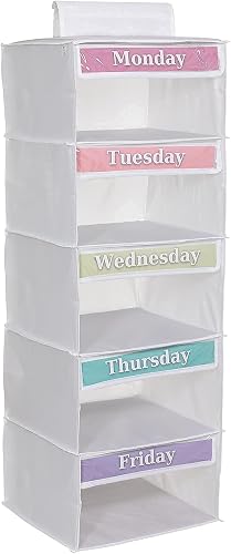 Three Sweet Peas Weekly Hanging Closet Organizer for Kids - 5 Shelf Monday to Friday Clothes Storage with Day Labels