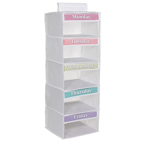Three Sweet Peas Co 5-Shelf Weekly Clothes Organizer for Kids, 33-Inch Hanging Closet Storage Unit for School Outfits, Monday Through Friday Daily Clothing Divider for Boys and Girls