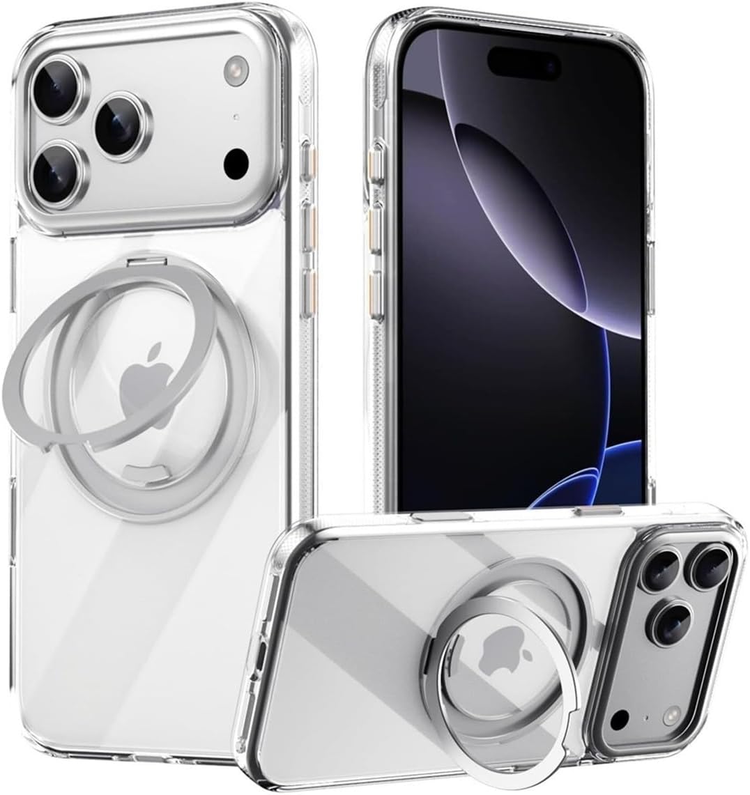 Case for iPhone 17 Pro Max/17 Pro/17 Air/17, 360° Rotating Magnetic Ring Stand, Shockproof Airbag Corners, Clear Back, Anti-Slip Grip, Compatible with MagSafe(Clear,17 Pro Max)