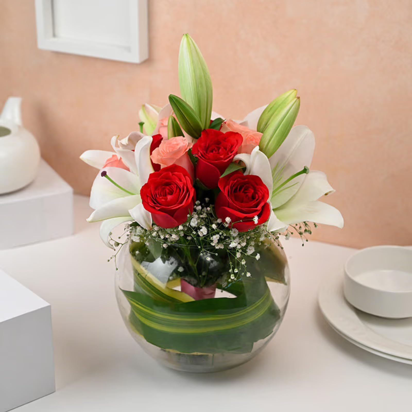 FlowerAura Fresh Live Flower Bouquet of 12 Mix Roses & 2 Lilies Flowers In Vase For Birthday Gift, Anniversary Gift, Mother's Day Gift, Love & Romance Gift, Father's Day Gift (Same Day Delivery)-image-18