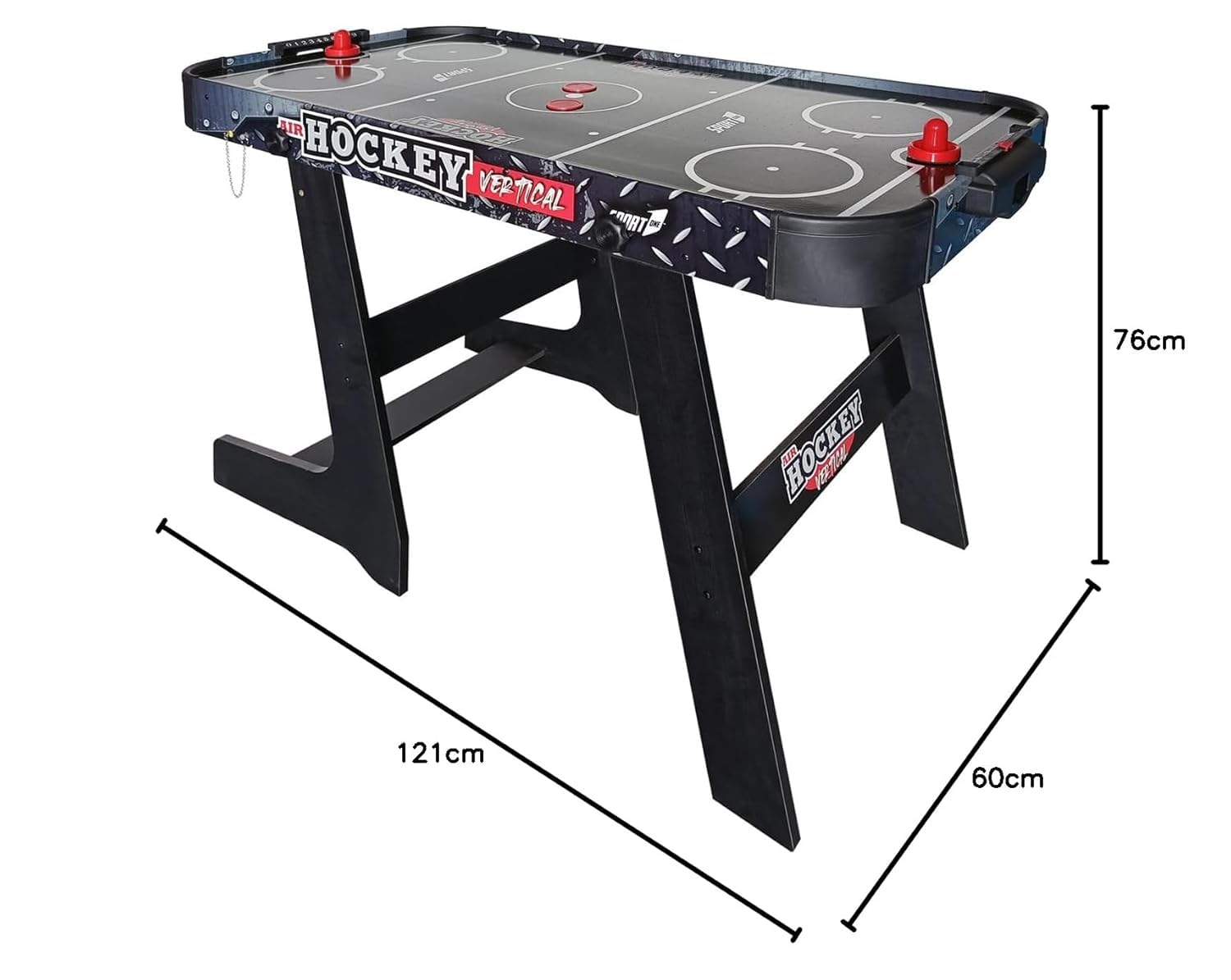 Tavolo Air Hockey Metal Verticale. Tavolo pieghevole da hockey. Air mini con ventola 12V. Tavolo air hockey salvaspazio. Misure 121x60x76cm. 2 manopole e 2 dischi inclusi. Con segnapunti integrato.