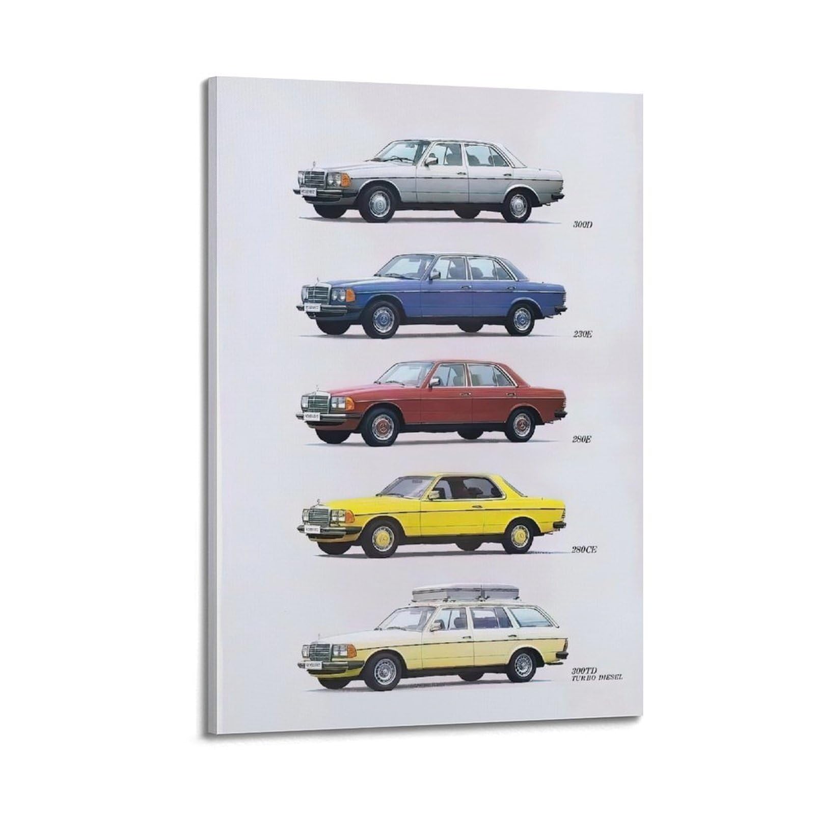 XKUGA Poster con auto sportive tedesche vintage, serie W123 300TD 280E, stampa su tela moderna, decorazione artistica da parete ideale per famiglia, grotta degli uomini, sala giochi, camera da letto