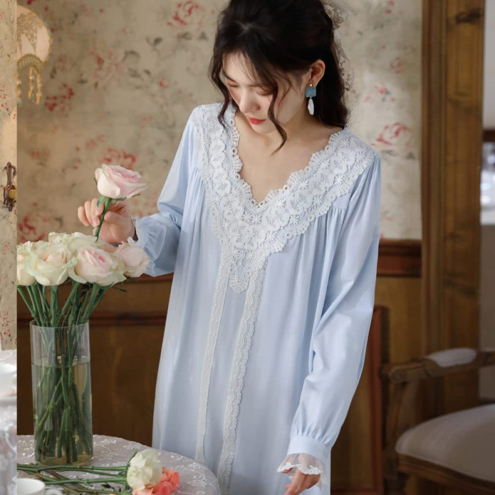 Nachthemd,Damen Nachthemden Vintage Hellblaue Baumwolle V-Ausschnitt Spitzenstreifen Elegantes Schlafhemd Weiche Bequeme Lange Ärmel Nachthemd Nachtwäsche Loungewear Für Damen Mädchen Pyjama Par