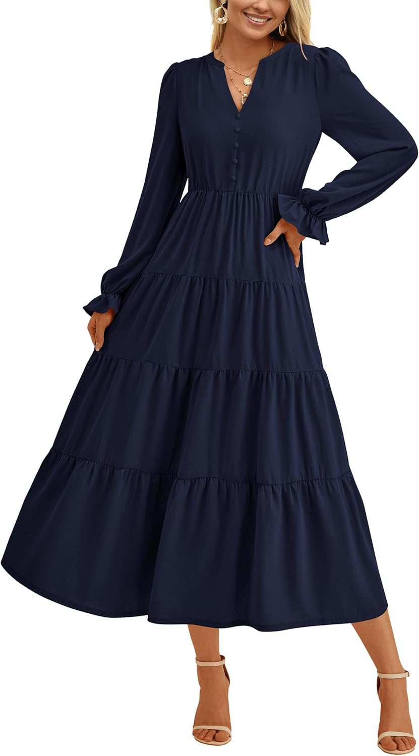 PRETTYGARDEN Long Sleeve Dress for Women 2025 Fall V Neck Tiered Aline Spring Elegant Modest Flowy Wedding Guest Maxi Dresses