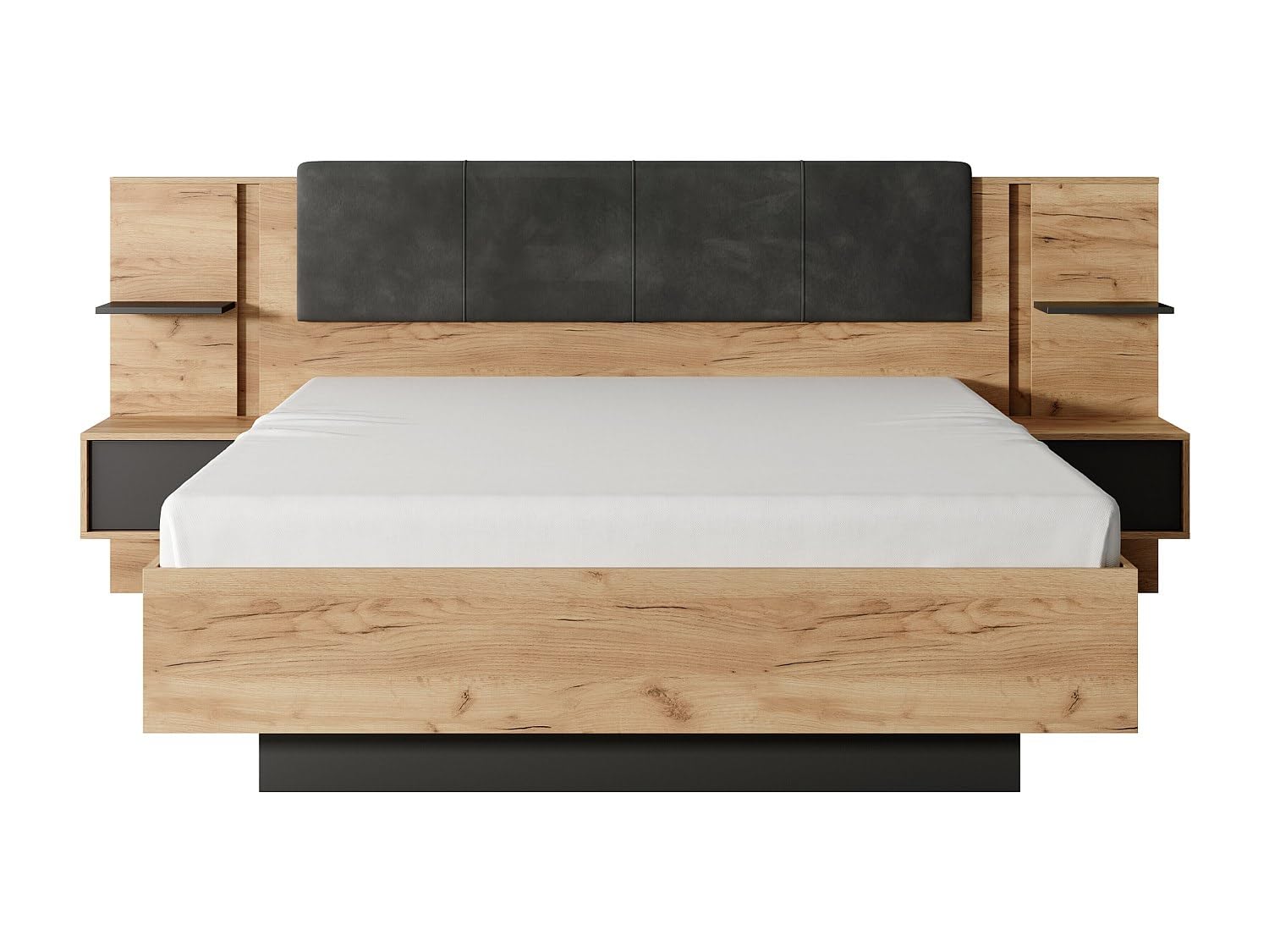 Vente-unique - Lit avec chevets 160 x 200 cm - avec LEDs - Coloris : Naturel et Anthracite - ELYNIA