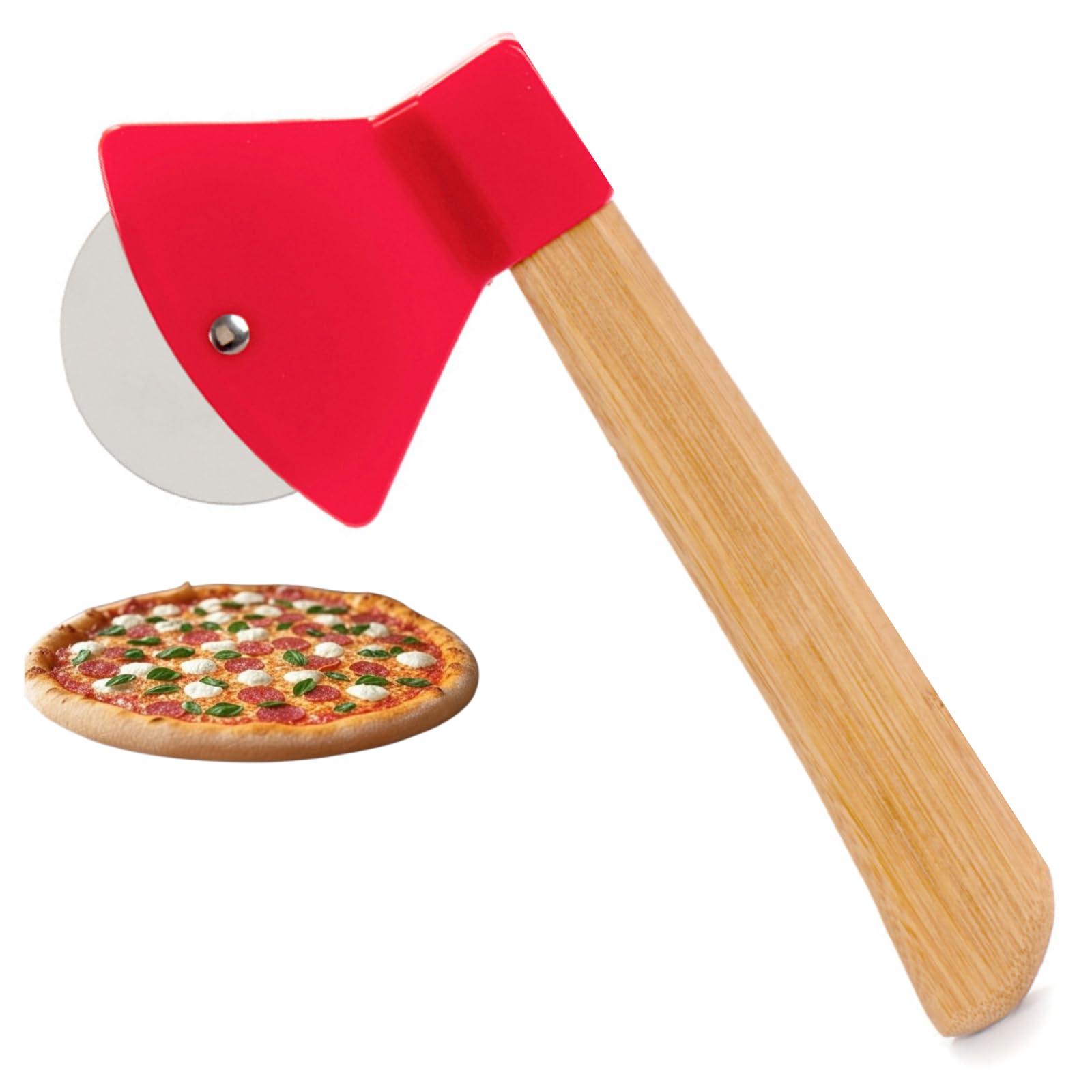 Pizza Cutter in Axe Shape – Fun and Original – Wooden Handle and Red Head – Ideal for Home, Meetings and Original Gifts