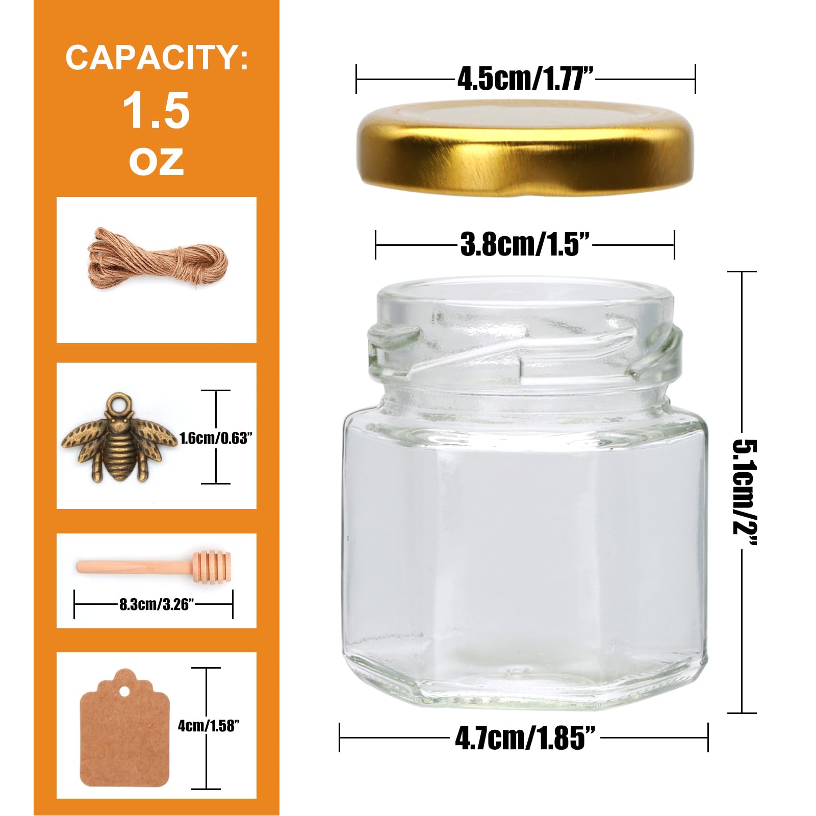 Woaiwo-q Hexagon Mini Glass Honey Jars, 1.5 oz 30 Pack Hexagon Glass Jars with Lids(Golden),Wooden Honey Sticks,Bronze Bee Pendants,Small Tags, Jute Twine for Honey, Wedding Favors,Jams……