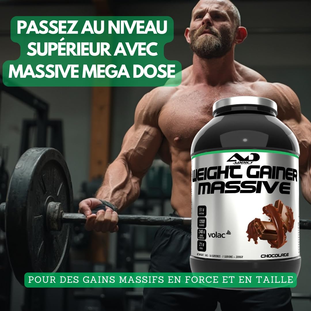 Addict sport nutrition - Weight gainer massive - Prise de masse musculaire avec protéine concentrée - Ultra calorique 1200 kcal par dose - 51g de protéine et 21g de BCAA - 2,5 kg - Goût cookie
