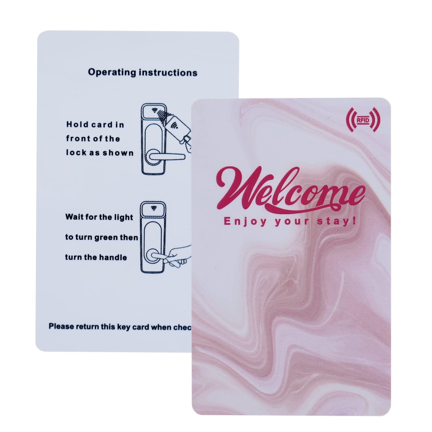 Hotel & Motel Tarjeta RFID para llave de motel sin contacto con funda de sobres, bienvenida, disfruta de tu estancia (paquete de 200 tarjetas, 50 fundas para regalo), color rosa