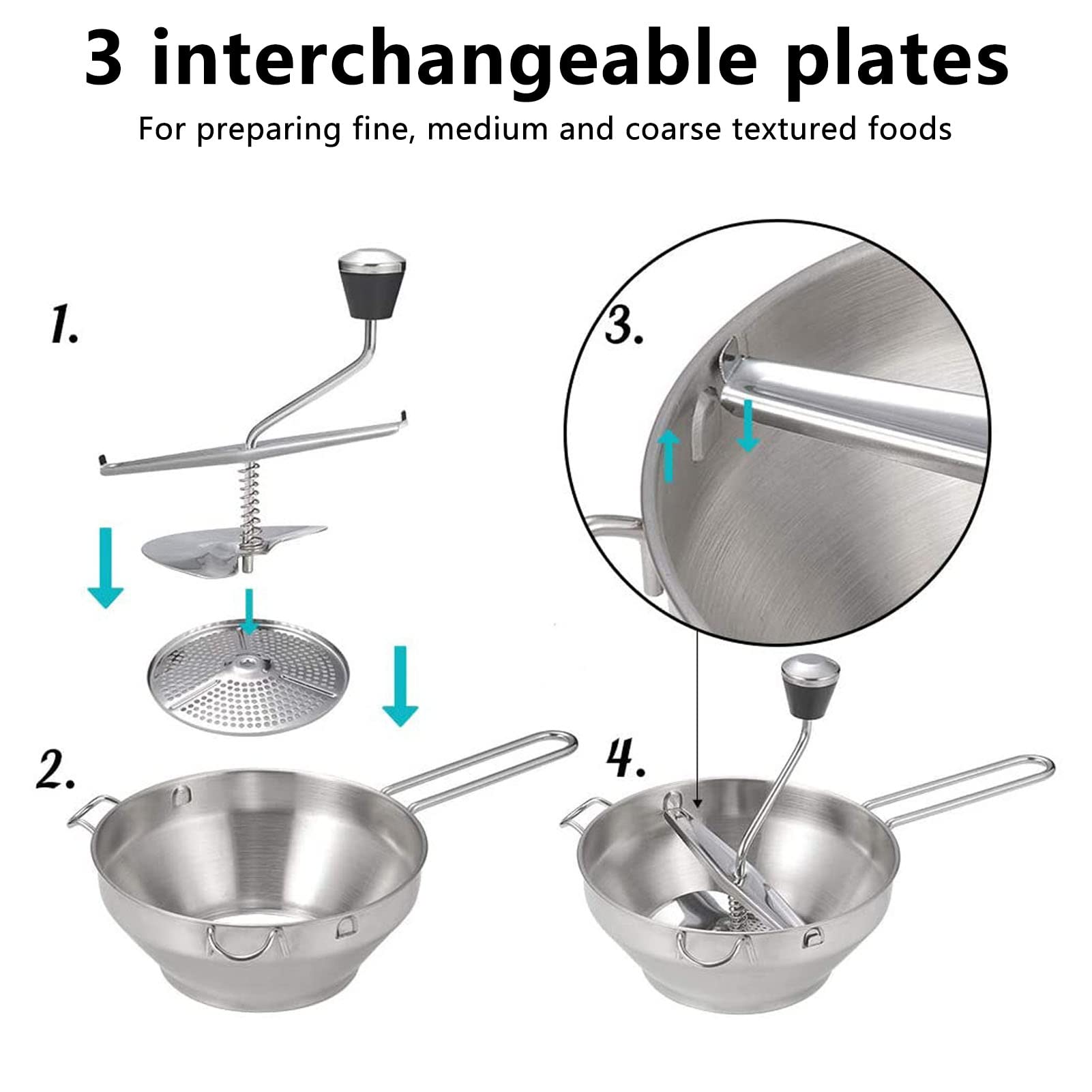 Stainless Steel Food Mill, Acouto Stainless Steel Food Mill Manual Jams Masher Vegetable Fruit Potato Garlic Mud Press