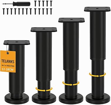Pack of 4 Furniture Feet, Height Adjustable, 12-18 cm Feet for Furniture, Cold-Rolled Steel Furniture Feet, Bed Feet with Base, Adjustable Feet for Furniture, Sofa, Bed, Bedside Table, Cabinet