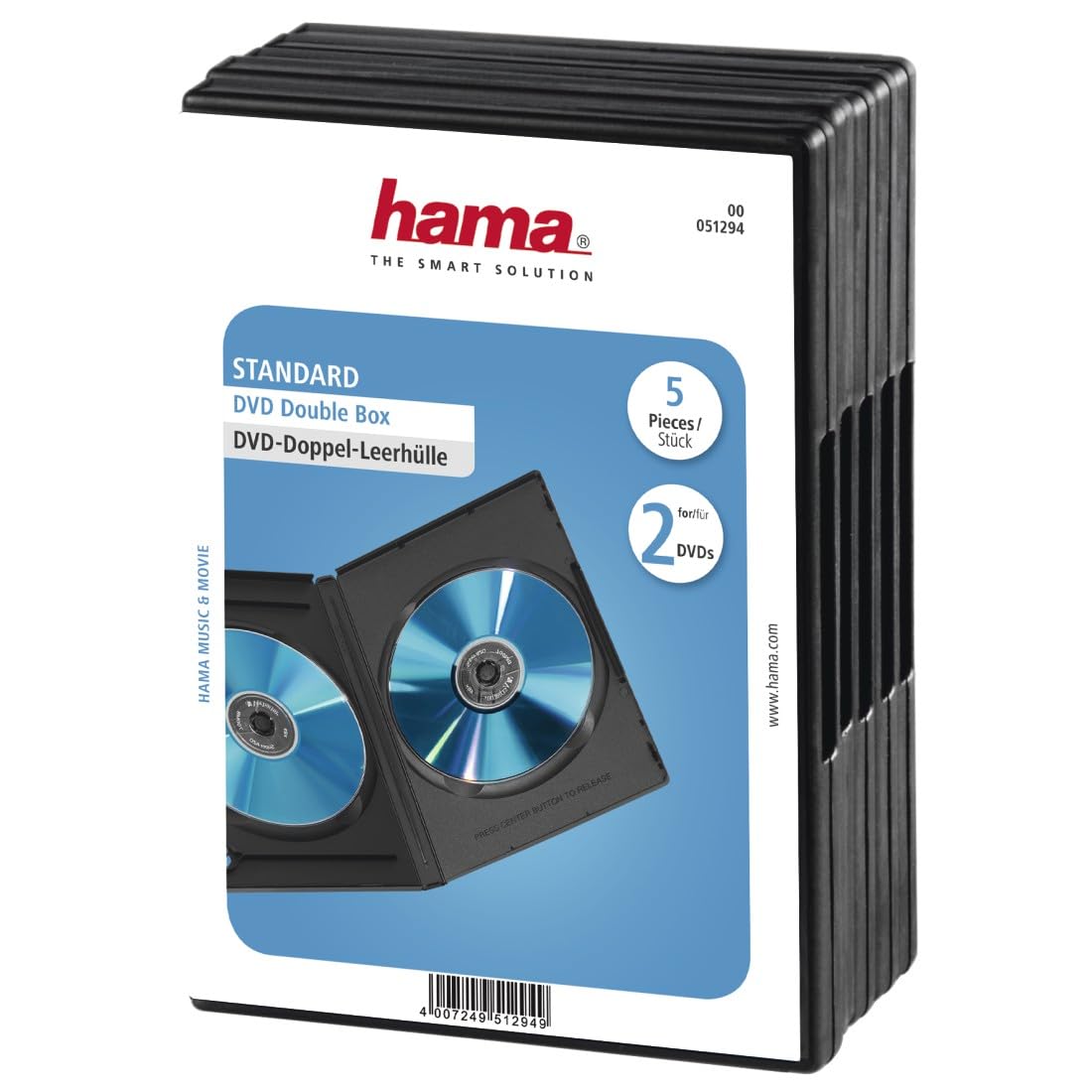 Hama 00051294 podwójne etui na DVD (również pasuje do płyt CD i Blu-ray, z folią do wkładania covers) 5 sztuk, czarne