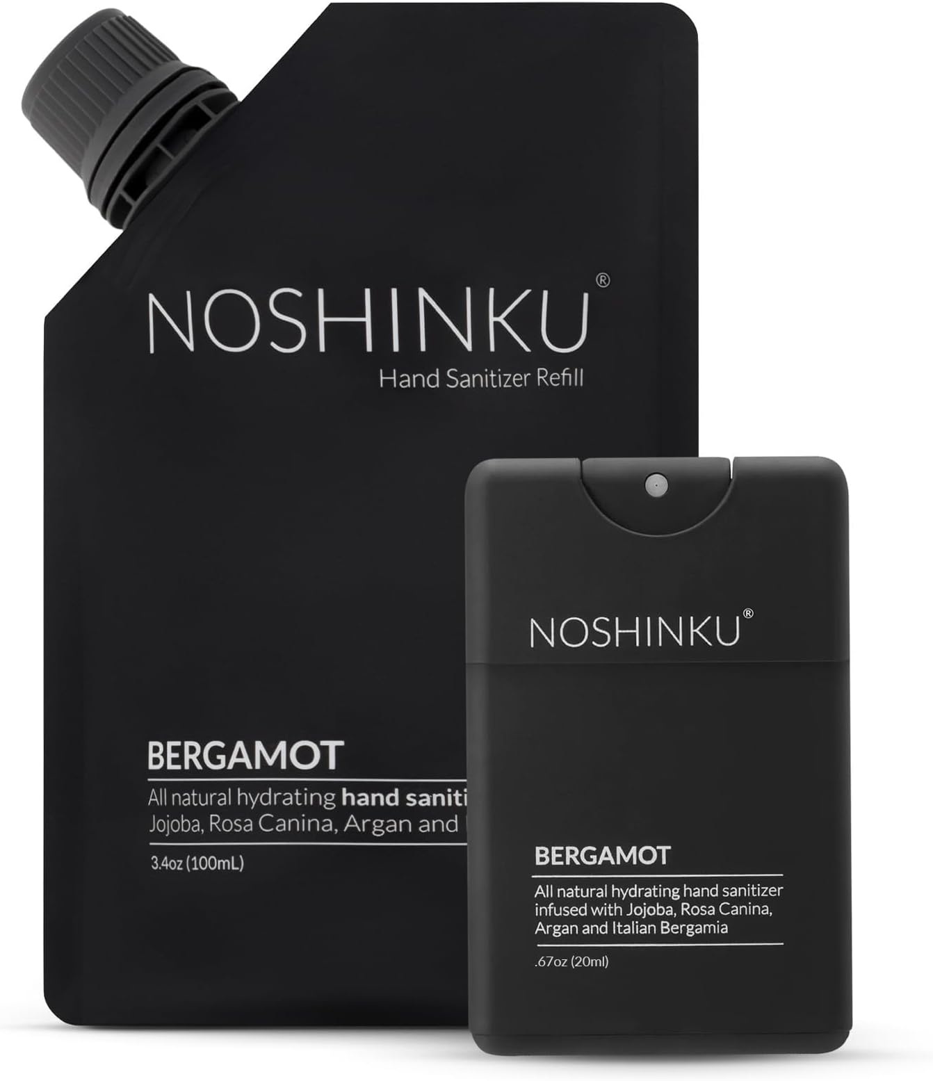 Noshinku Bergamot Pocket Hand Sanitizer Refill Kit: Refill Pouch + Sprayer Bundle | Organic Antibacterial Sanitizing Mist with Moisturizing Oils | FDA Registered | 70% Sugarcane Derived Alcohol