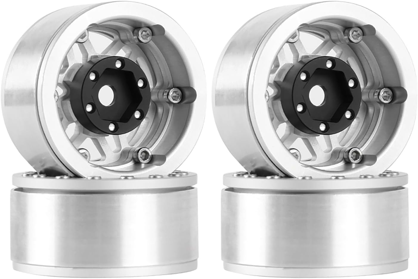 4PCS 1.55 Inch Aluminum Alloy Metal 6Spoke Beadlock Wheel Rim Hubs Replacement Accessory for 1/10 RC Crawler Car Upgrade Parts for Axial SCX10 AX90069 D90 TF2 CC01 Tamiya (Silver)