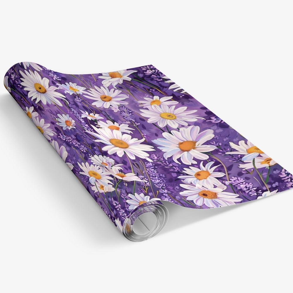 Oil Painting Daisy Contact Paper,Purple Floral Peel and Stick Wallpaper Rustic Farmhouse Removable Wallpaper,Decorative Contact Paper for Walls Furniture Covering Vinyl Rolls 17.7"x394"