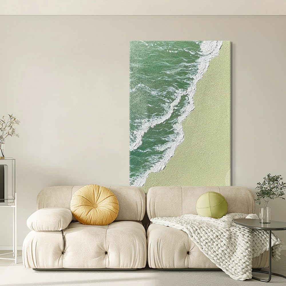 Peinture à l'huile de vagues vertes 100% faite main, toile texturée d'art mural luxe pour salon