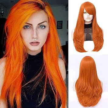 26" Long Straight Orange Side Bang Costume Women Wig for Cosplay Halloween Costume Daily Party
