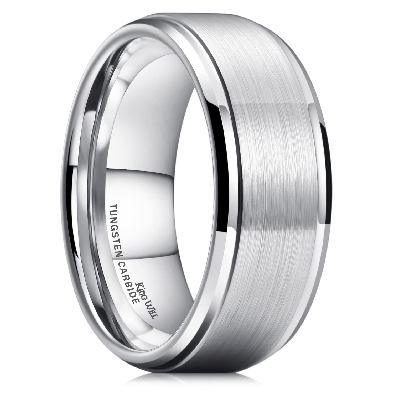 King Will Anillo básico de carburo de tungsteno para hombre, 6 mm, 7 mm, 8 mm, borde biselado pulido, acabado cepillado mate, alianza de boda