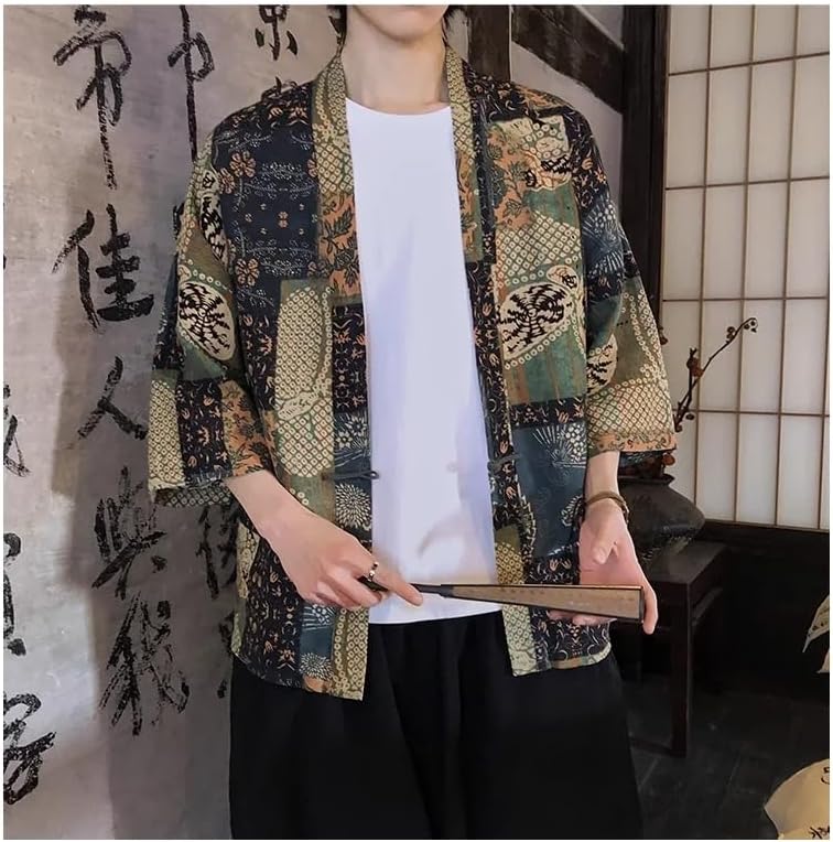 Summer Print Men Cotton Linen Cardigan Blouse Asian Clothes Harajuku Japanese Kimono
