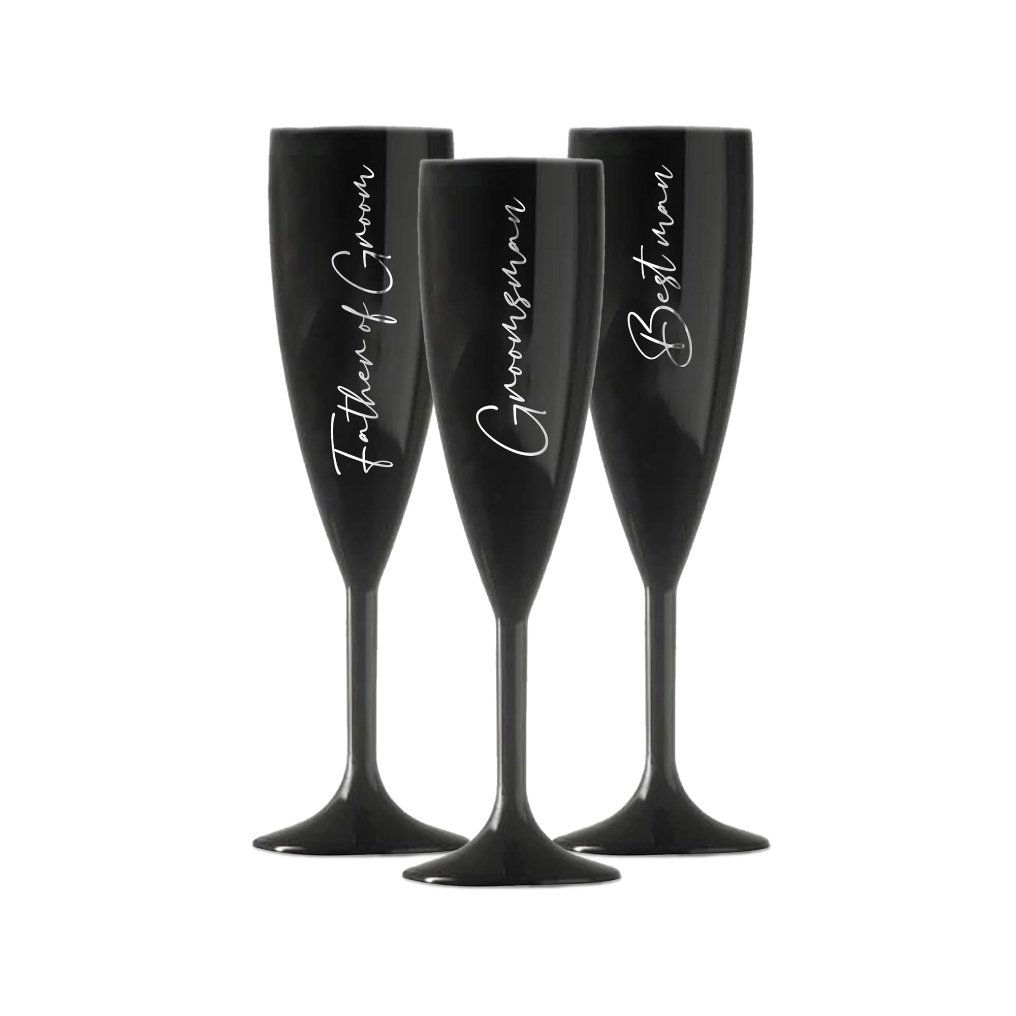 Print Maniacs Champagne Premium Black Flute Glass Bride Groom Mr Mrs Wedding Maid Honour Wine Cocktail Prosecco Celebrations Gift (Silver, Set of 3 Grooms Side)